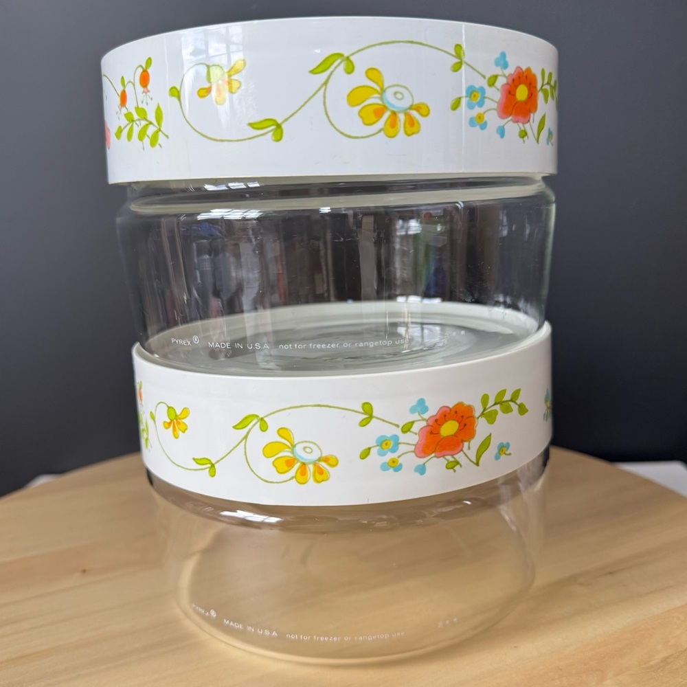Vintage Pyrex Wildflower Store N See Glass Canisters Containers set of 2